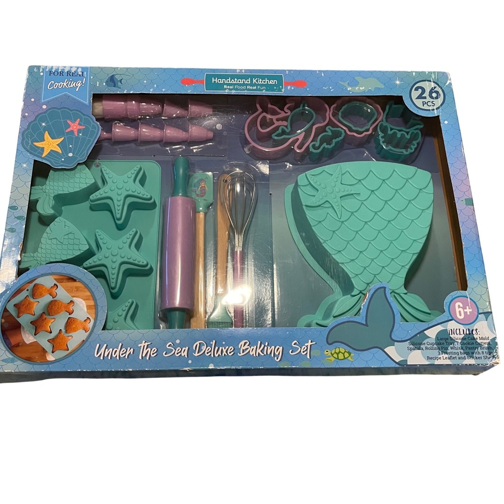 Handstand Kitchen Under the Sea Deluxe Baking Set Kid 26pc Teal Mermaid Silicone